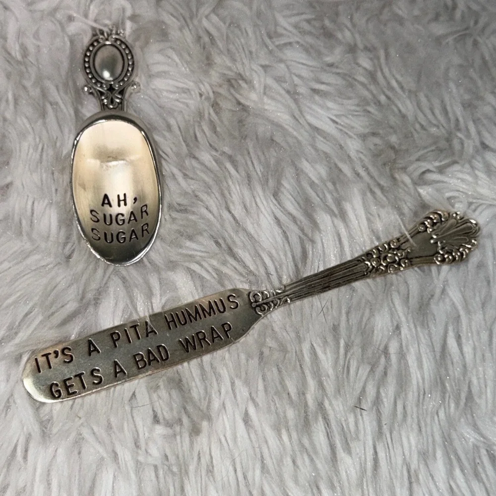 Vintage Style Hand Stamped Sugar Scoop & Hummus Spreader Pun Serving Set Silver
